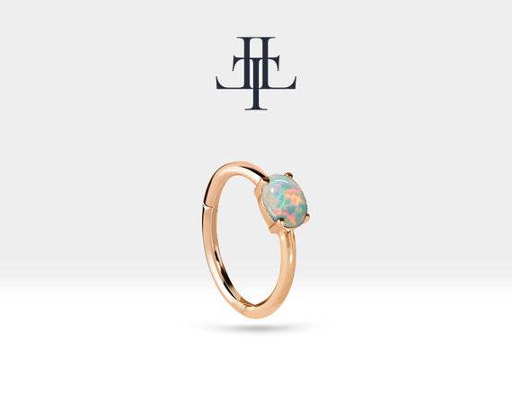 Oval Opal Halka Piercing Küpe, 12 MM , 1.2 MM, 14K Sarı-Beyaz-Kırmızı Altın | LE00007O