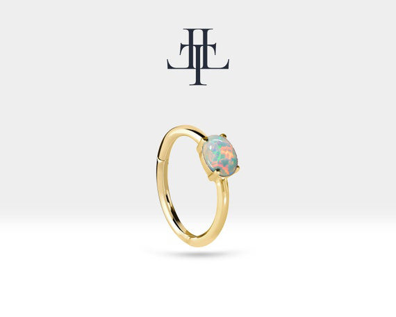 Oval Opal Halka Piercing Küpe, 12 MM , 1.2 MM, 14K Sarı-Beyaz-Kırmızı Altın | LE00007O