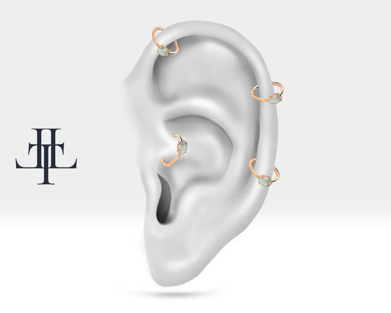 Oval Opal Halka Piercing Küpe, 12 MM , 1.2 MM, 14K Sarı-Beyaz-Kırmızı Altın | LE00007O