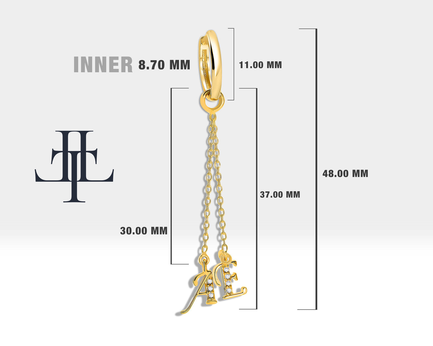 Sallantılı Pırlantalı Harf Küpe, 12 MM , 14K Sarı-Beyaz-Kırmızı Altın | LE00032D