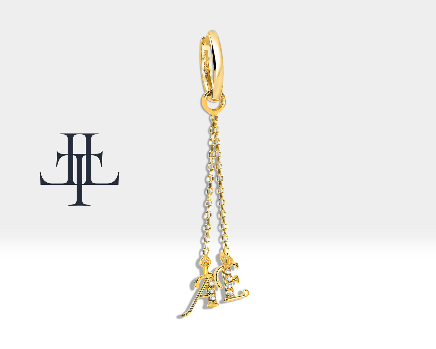 Sallantılı Pırlantalı Harf Küpe, 12 MM , 14K Sarı-Beyaz-Kırmızı Altın | LE00032D