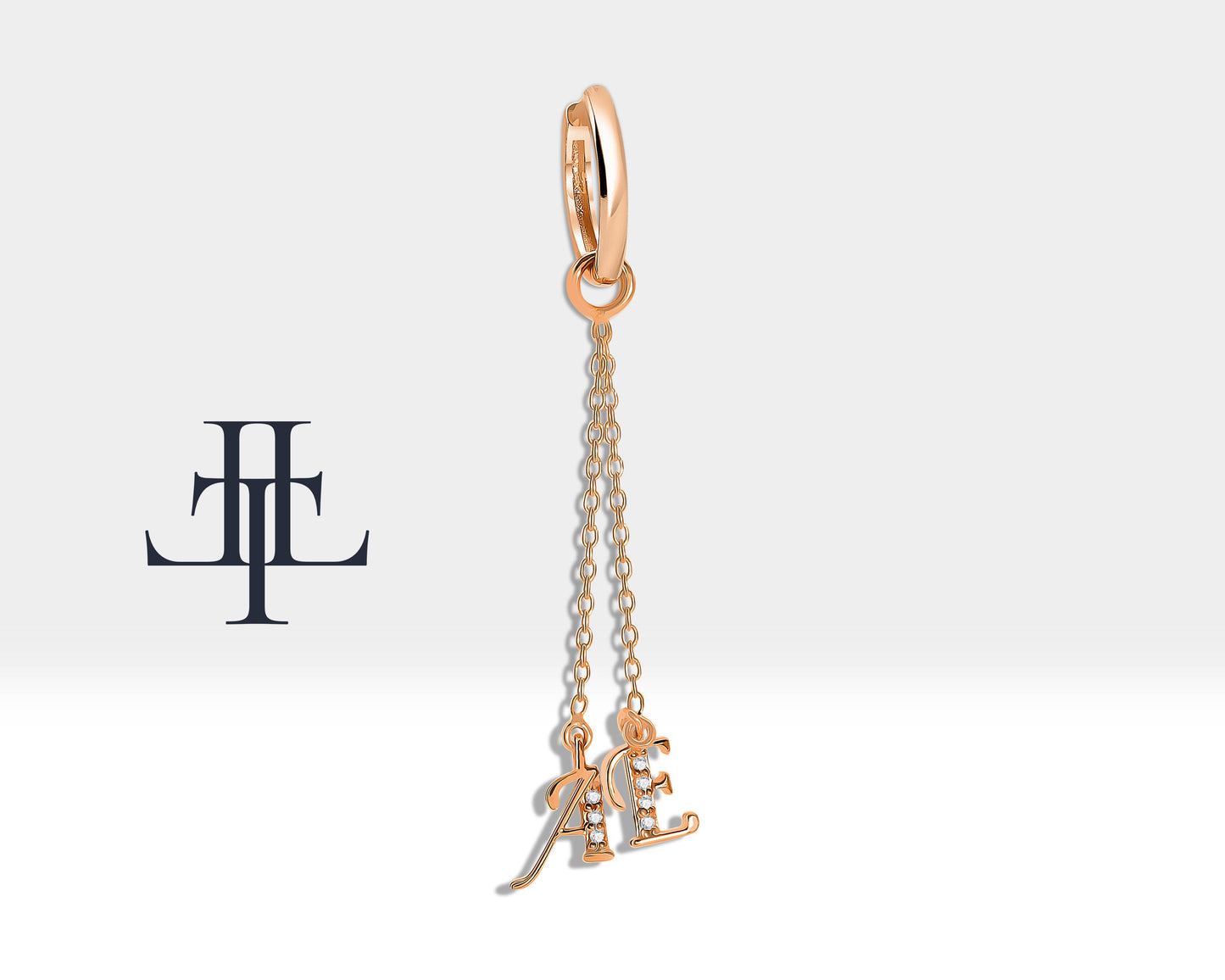 Sallantılı Pırlantalı Harf Küpe, 12 MM , 14K Sarı-Beyaz-Kırmızı Altın | LE00032D