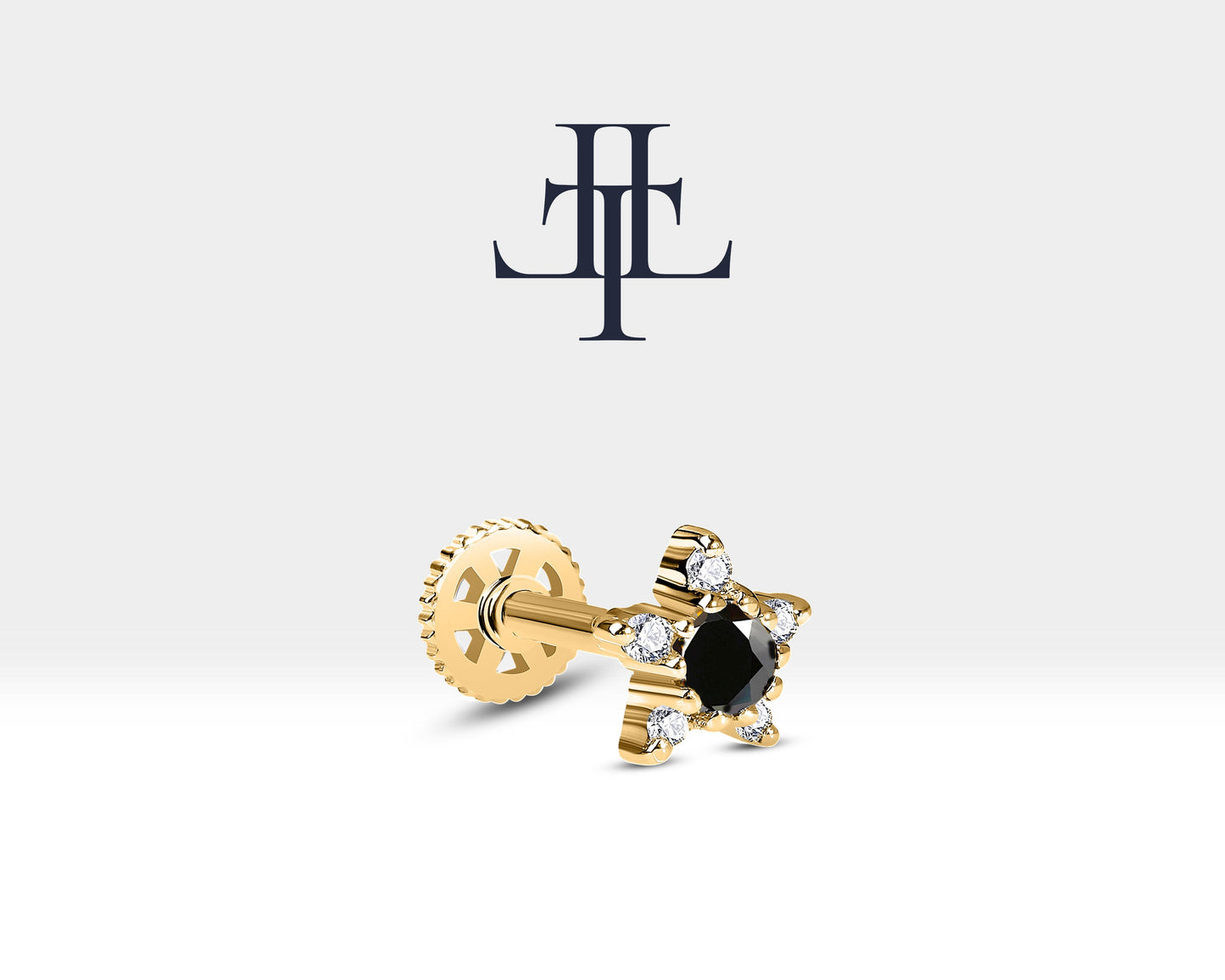 Yıldız Siyah Pırlanta ve Pırlantalı Piercing, 8 MM , 1.2 MM, 14K Sarı-Beyaz-Kırmızı Altın | LP00028DB
