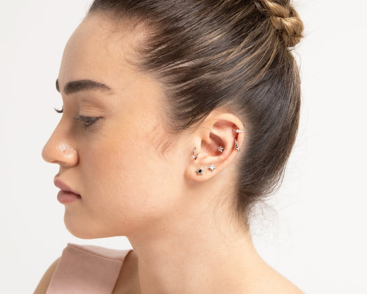 Yıldız Siyah Pırlanta ve Pırlantalı Piercing, 8 MM , 1.2 MM, 14K Sarı-Beyaz-Kırmızı Altın | LP00028DB