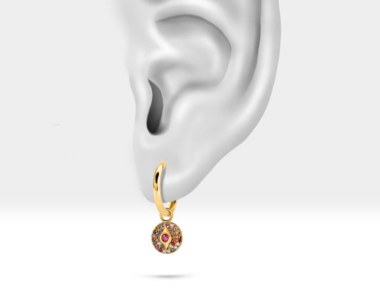 Renkli Safirli ve Pırlantalı Pusula Sallantılı Küpe, 12 MM , 14K Sarı-Beyaz-Kırmızı Altın | LE00042MSD