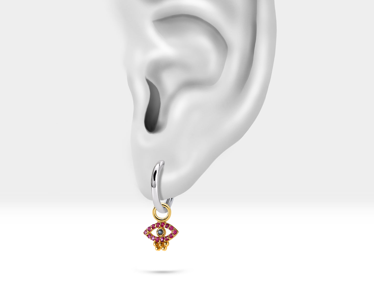 Yakut Göz Sallantılı Küpe, 12 MM , 14K Sarı-Beyaz-Kırmızı Altın | LE00069RS