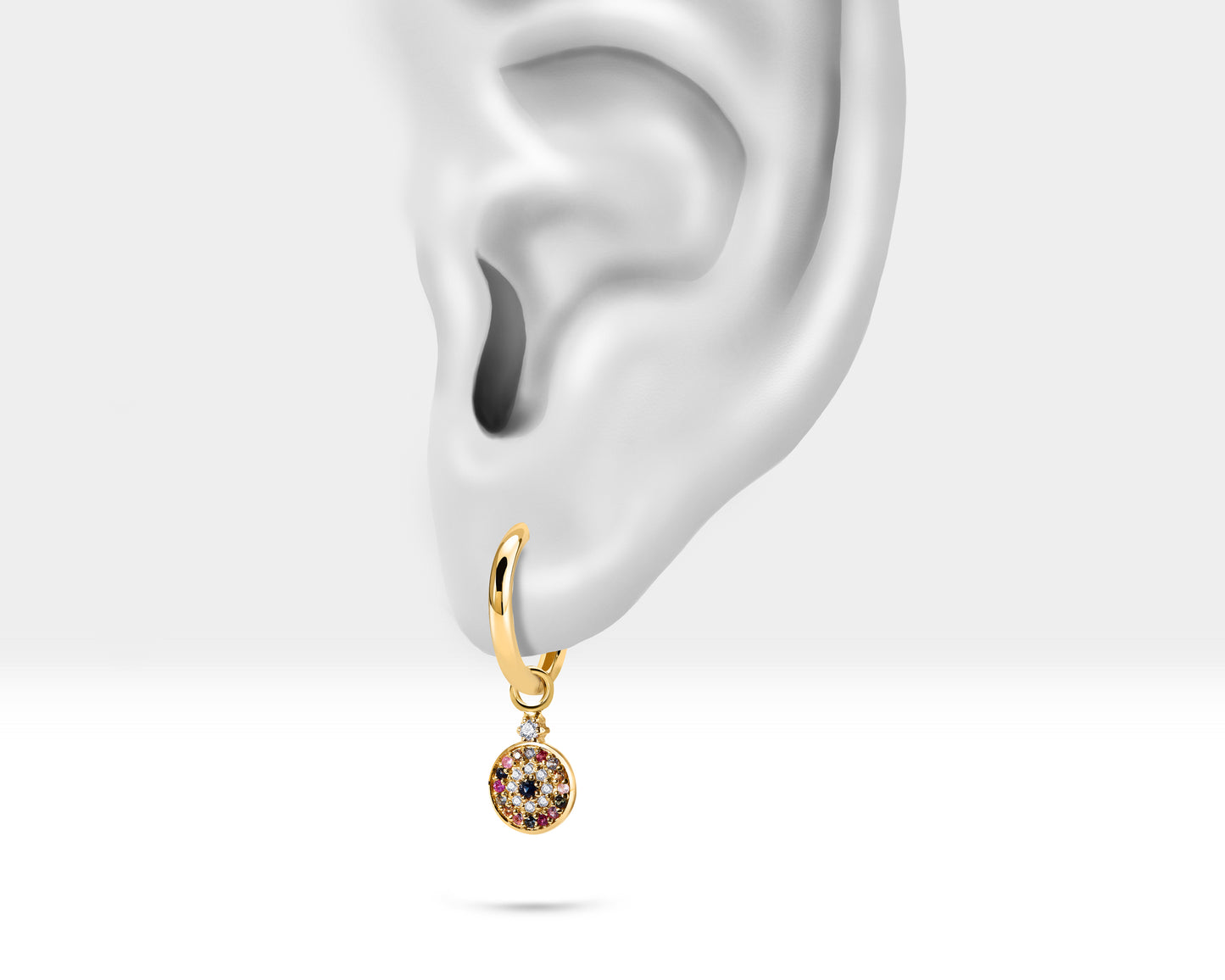 Renkli Safir Nazar Boncuğu Sallantılı Küpe, 13 MM , 14K Sarı-Beyaz-Kırmızı Altın | LE00076DMS