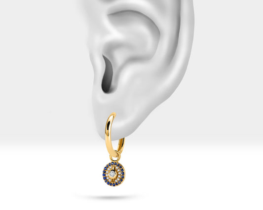 Safirli Pusula Sallantılı Küpe, 12 MM , 14K Sarı-Beyaz-Kırmızı Altın | LE00042DS