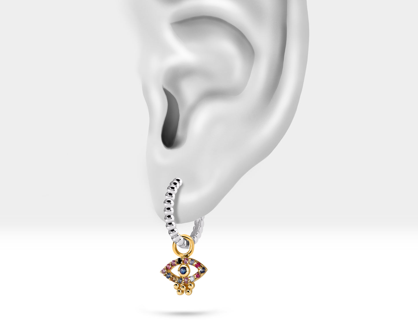 Renkli Safir Göz Sallantılı Küpe, 12 MM , 14K Sarı-Beyaz-Kırmızı Altın | LE00067MS