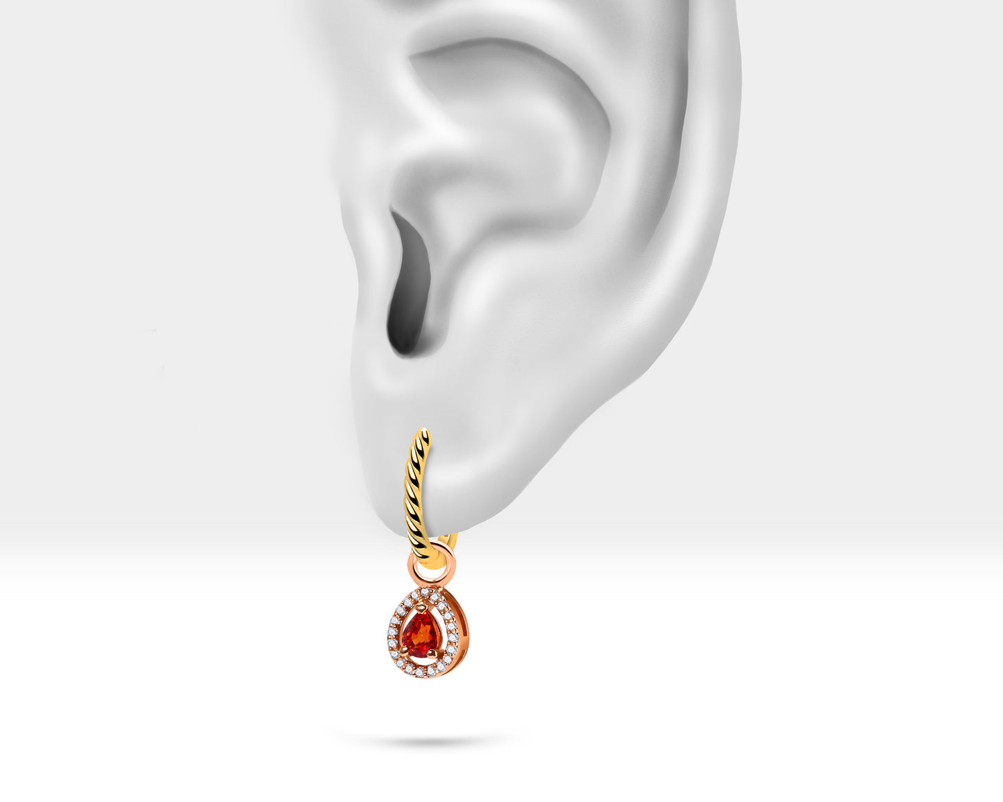 Damla Kırmızı Safir Sallantılı Küpe, 12 MM , 14K Sarı-Beyaz-Kırmızı Altın | LE00046DS