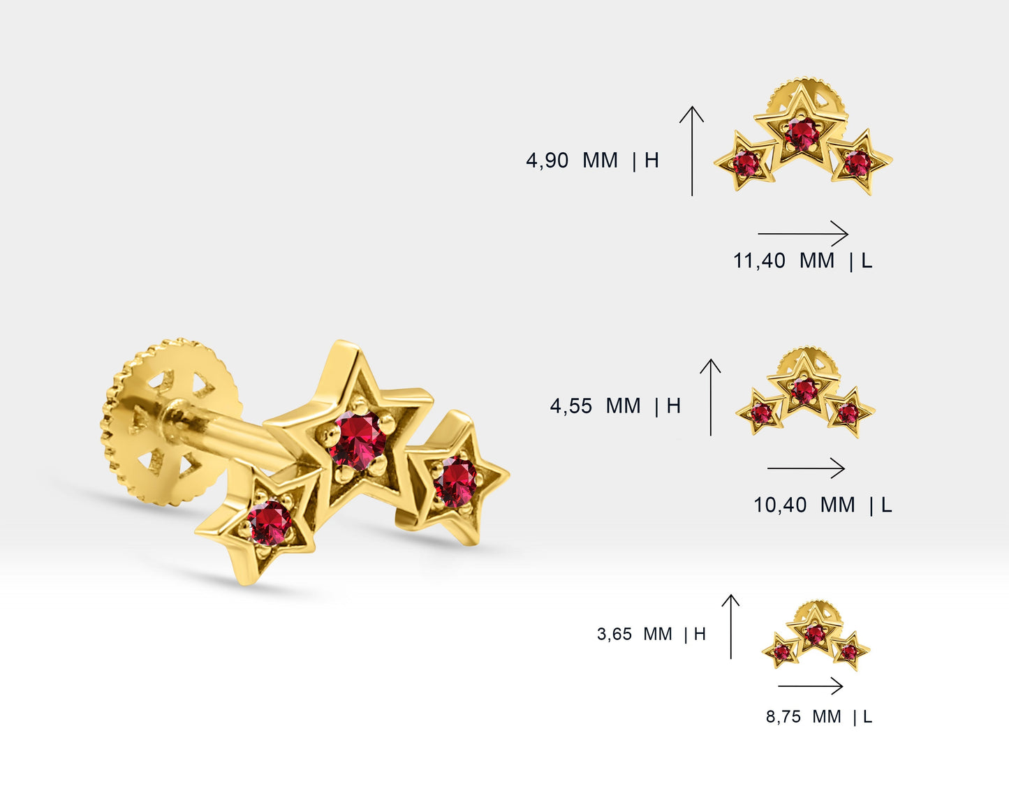 Üçlü Yıldız Yakut Piercing, 8 MM , 1.2 MM, 14K Sarı-Beyaz-Kırmızı Altın | LP00042R