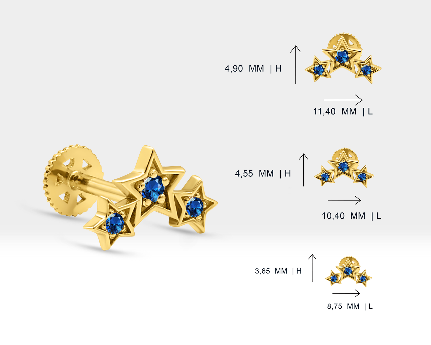 Üçlü Yıldız Safirli Piercing, 8 MM , 1.2 MM, 14K Sarı-Beyaz-Kırmızı Altın | LP00042S