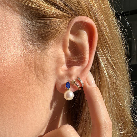 Markiz Safir İnci Çivi Küpe, 14K Sarı-Beyaz-Kırmızı Altın | LES00007PS