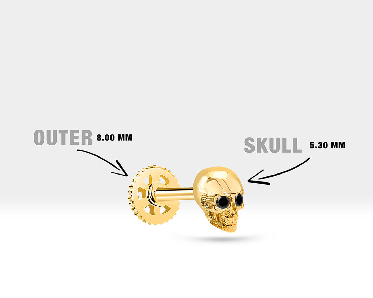 Siyah Pırlantalı Kuru Kafa Piercing, 8 MM , 1.2 MM, 14K Sarı-Beyaz-Kırmızı Altın | LP00011B