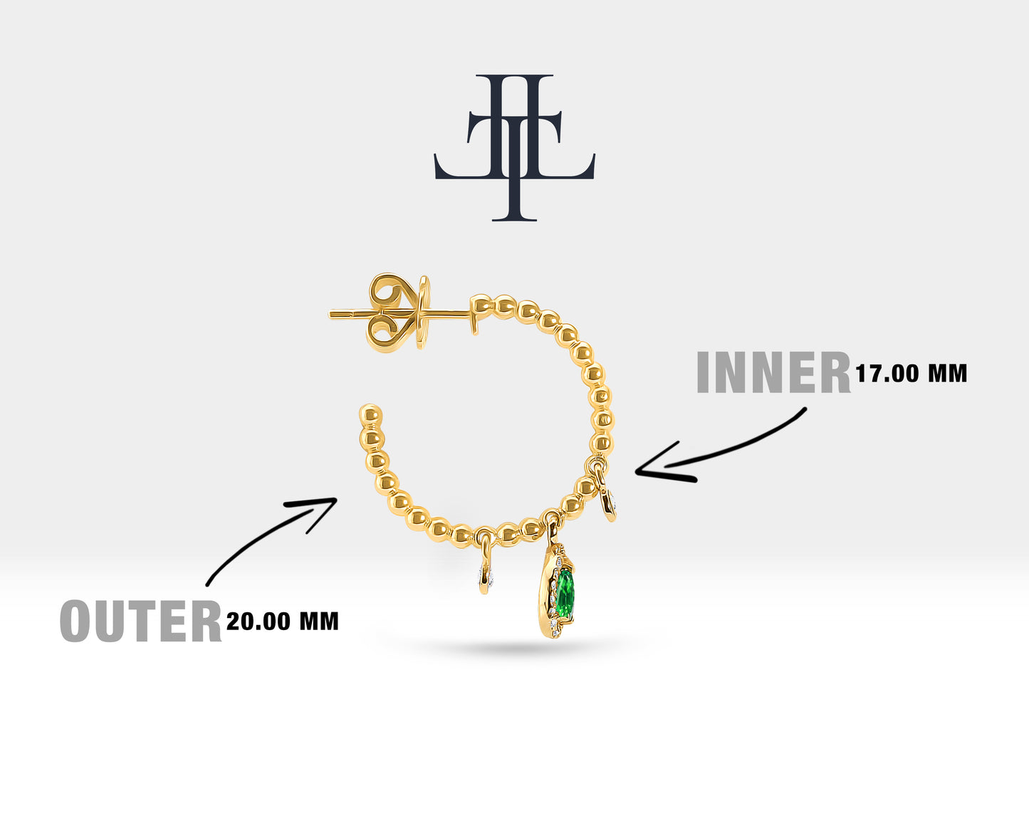 Sallantılı Zümrüt Çivi Küpe, 20 MM , 14K Sarı-Beyaz-Kırmızı Altın | LE00028DE