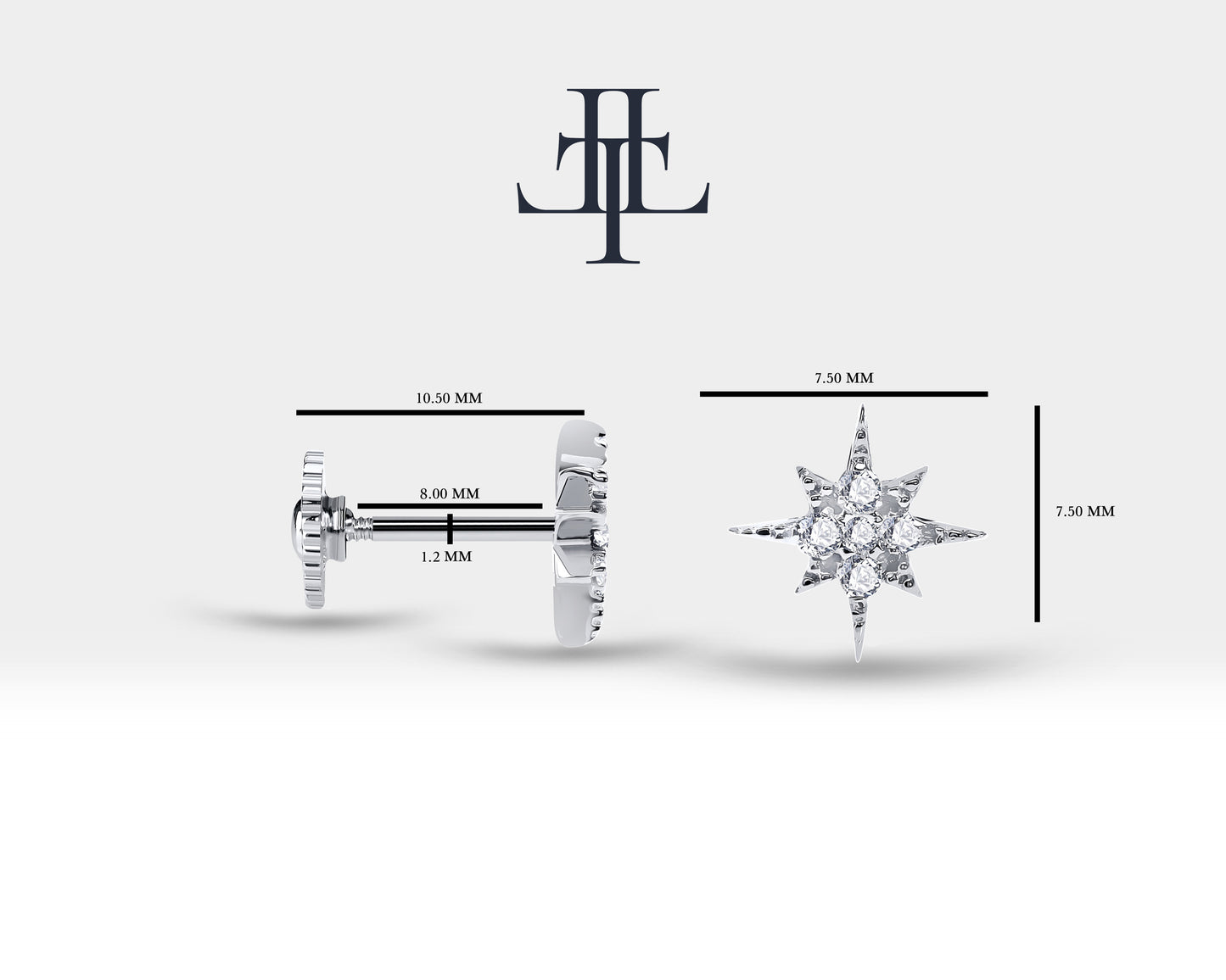 Pırlantalı Kutup Yıldızı Piercing, 8 MM , 1.2 MM, 14K Sarı-Beyaz-Kırmızı Altın | LP00001D