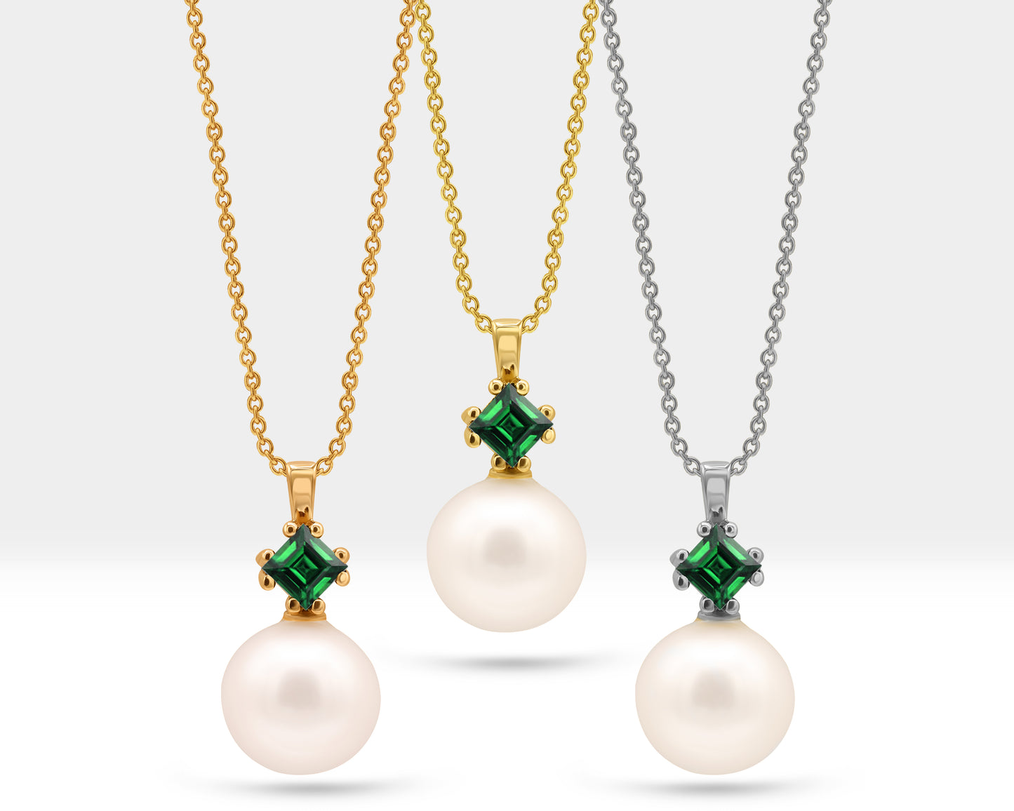 Prenses Zümrüt İnci Kolye, 14K Sarı-Beyaz-Kırmızı Altın | LN00004PE