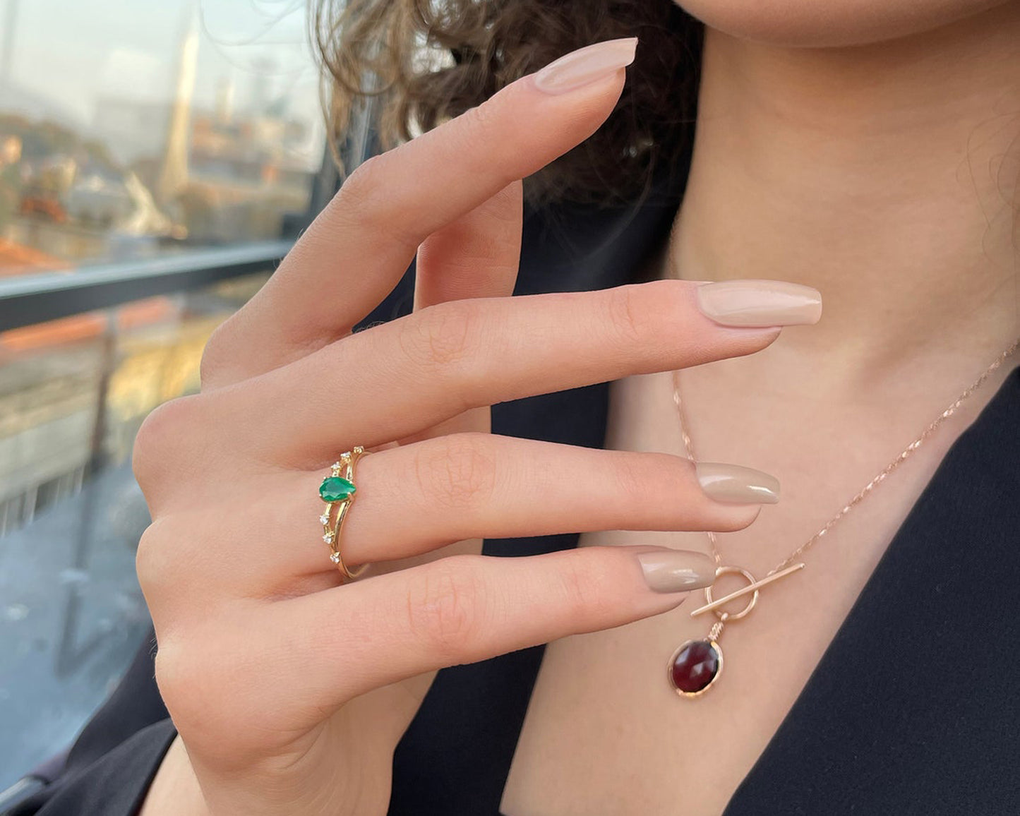 Taç Damla Zümrüt Yüzük, 14K Sarı-Beyaz-Kırmızı Altın | LR00056DE