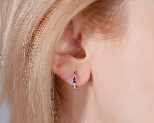 Markiz Safir ve Pırlantalı Küpe, 12 MM , 14K Sarı-Beyaz-Kırmızı Altın | LE00003DS