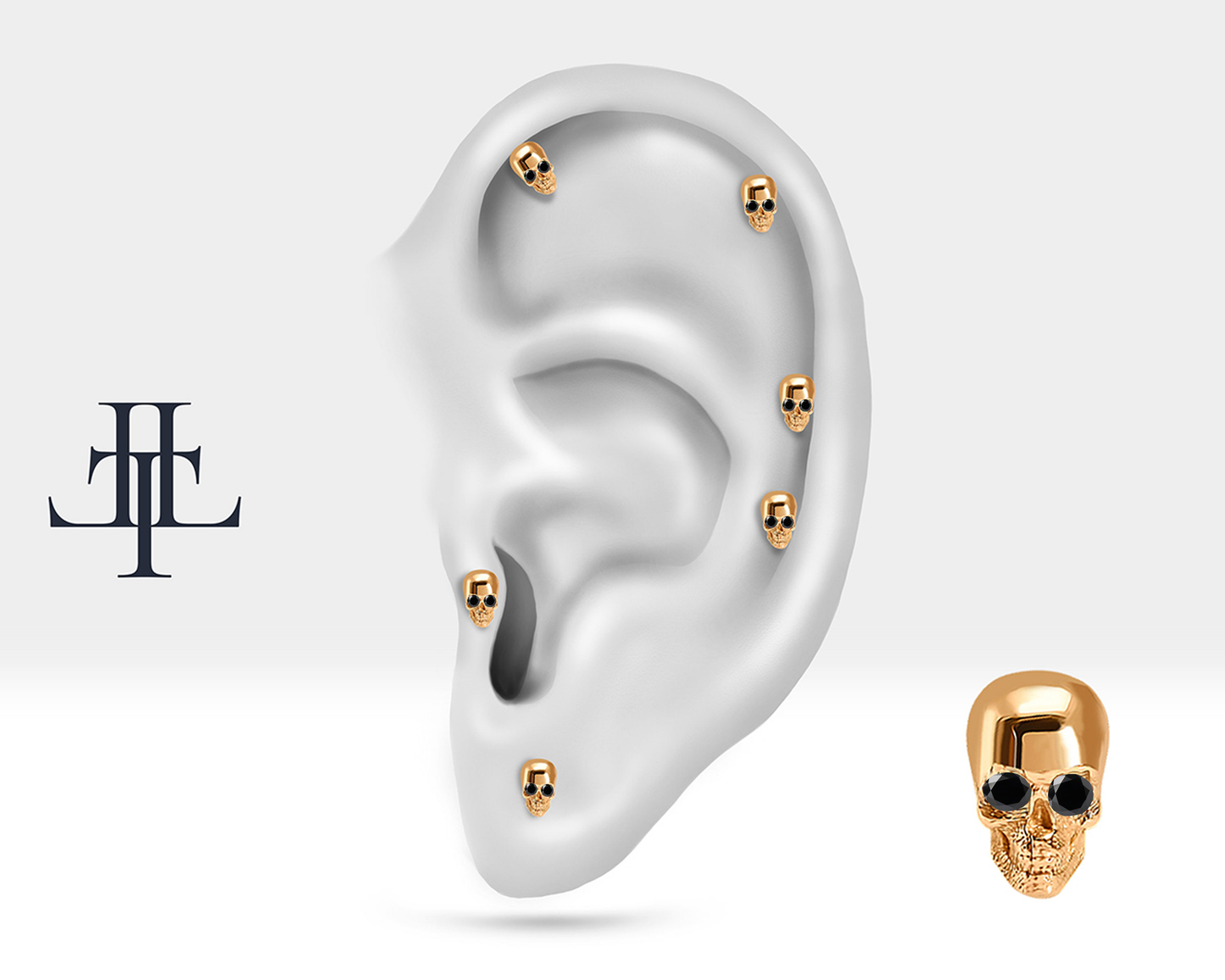 Siyah Pırlantalı Kuru Kafa Piercing, 8 MM , 1.2 MM, 14K Sarı-Beyaz-Kırmızı Altın | LP00011B