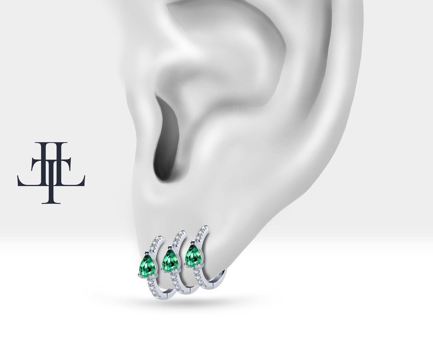 Damla Zümrüt ve Pırlantalı Küpe, 12 MM , 14K Sarı-Beyaz-Kırmızı Altın | LE00018DE