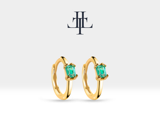 Baget Zümrüt Küpe, 12 MM , 14K Sarı-Beyaz-Kırmızı Altın | LE00019E