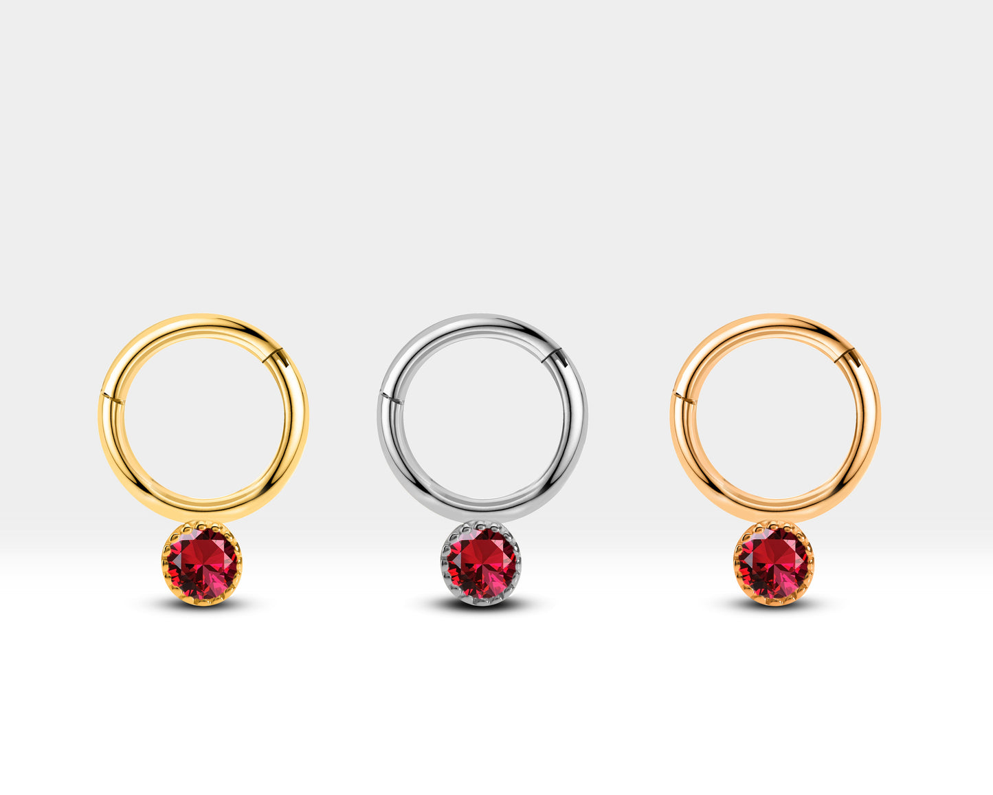 Yuvarlak Yakutlu Halka Piercing, 10 MM , 1.2 MM, 14K Sarı-Beyaz-Kırmızı Altın | LC00051R