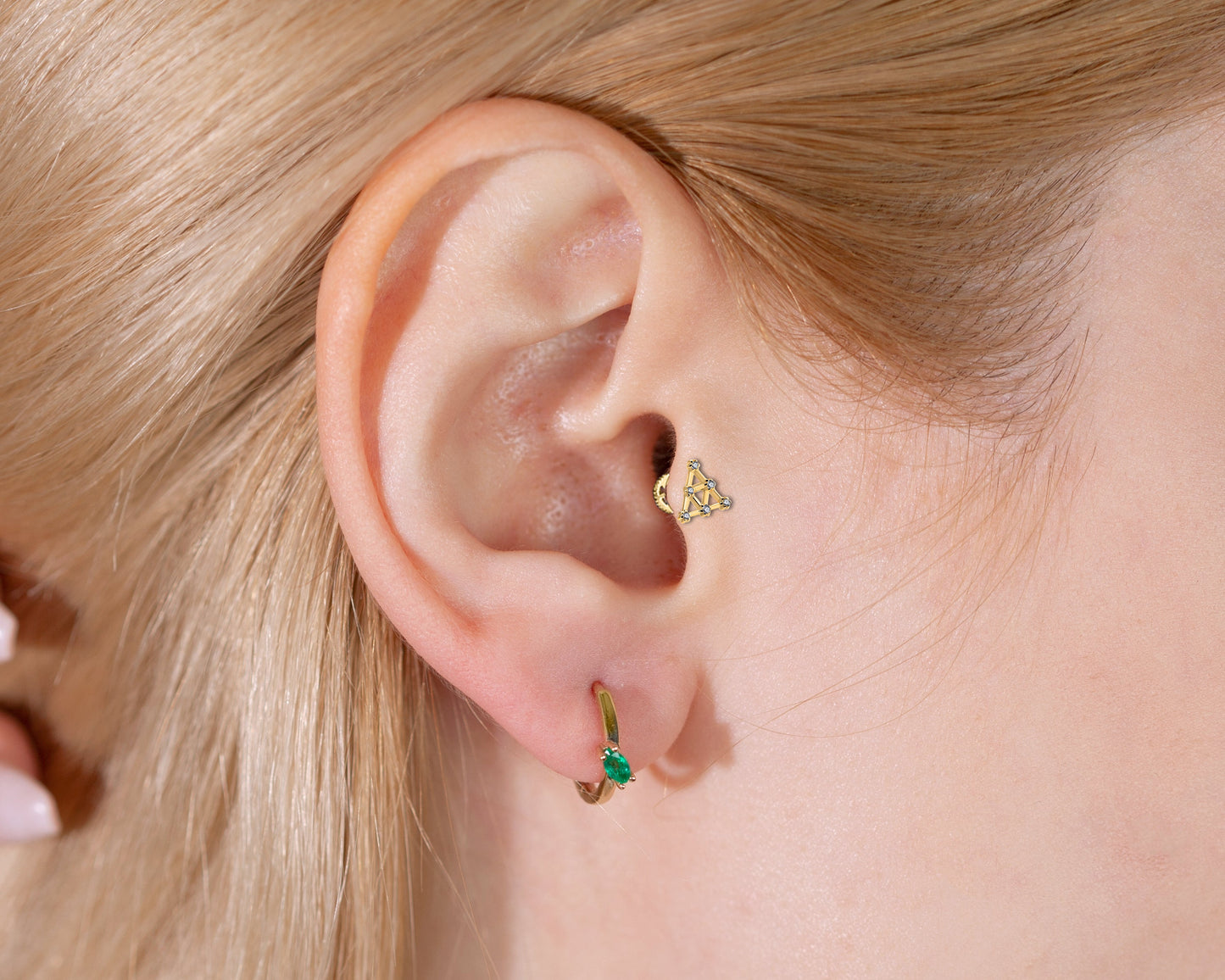 Piramit Pırlantalı Piercing, 8 MM , 1.2 MM, 14K Sarı-Beyaz-Kırmızı Altın | LP00003D