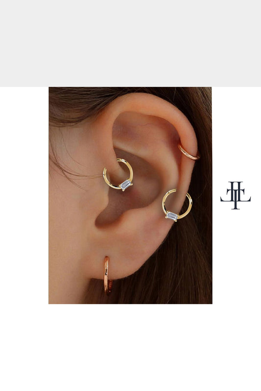 Baget Pırlantalı Halka Piercing, 12 MM , 1.2 MM, 14K Sarı-Beyaz-Kırmızı Altın | LC00008D