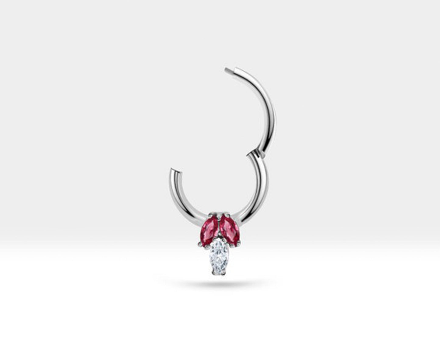 Üçlü Markiz Pırlanta ve Yakutlu Halka Piercing, 10 MM , 1.2 MM, 14K Sarı-Beyaz-Kırmızı Altın | LC00023RD