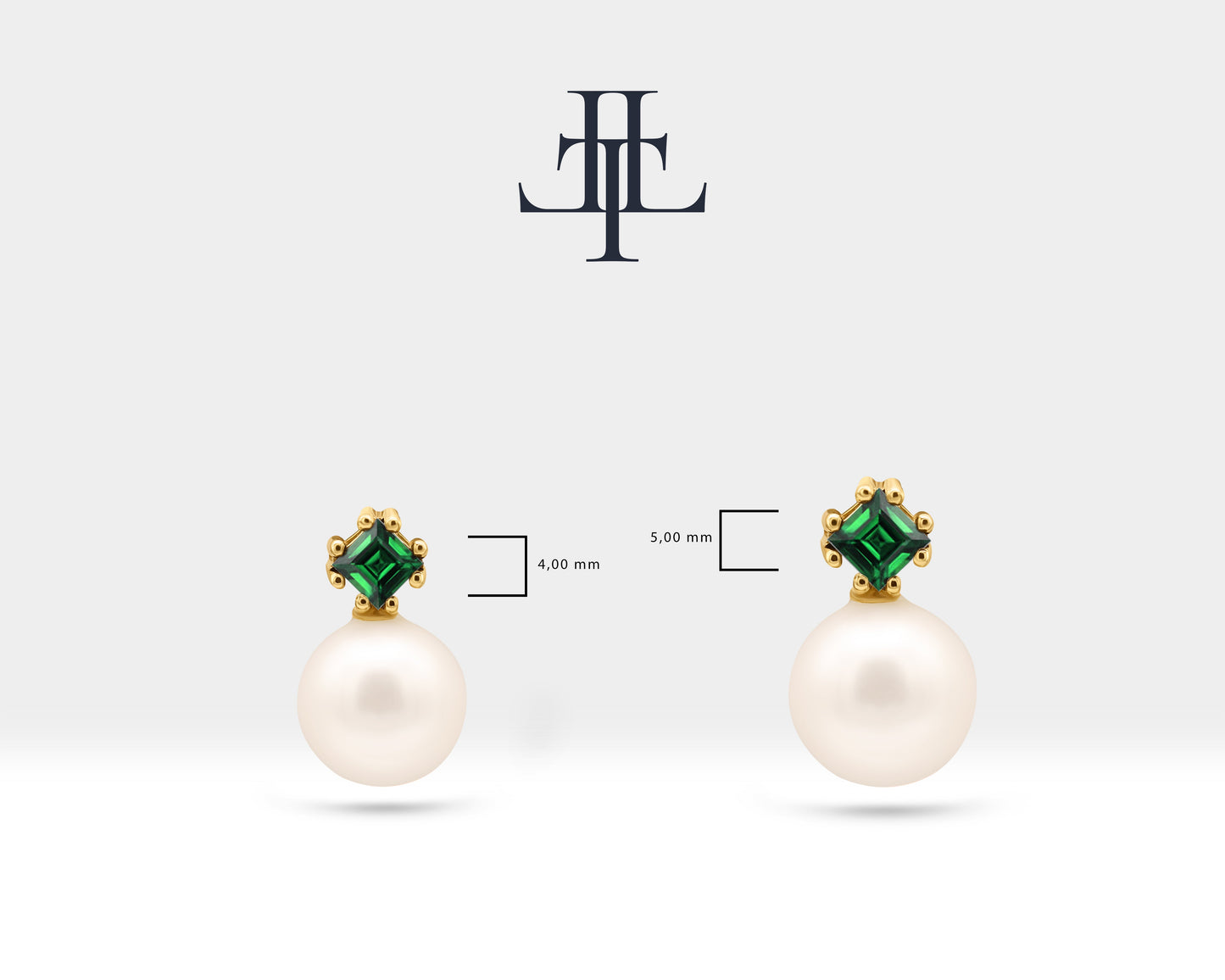 Prenses Zümrüt İnci Çivi Küpe, 14K Sarı-Beyaz-Kırmızı Altın | LES00003PE