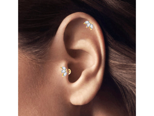 Üçlü Markiz Pırlanta Piercing, 8 MM , 1.2 MM, 14K Sarı-Beyaz-Kırmızı Altın | LP00025D