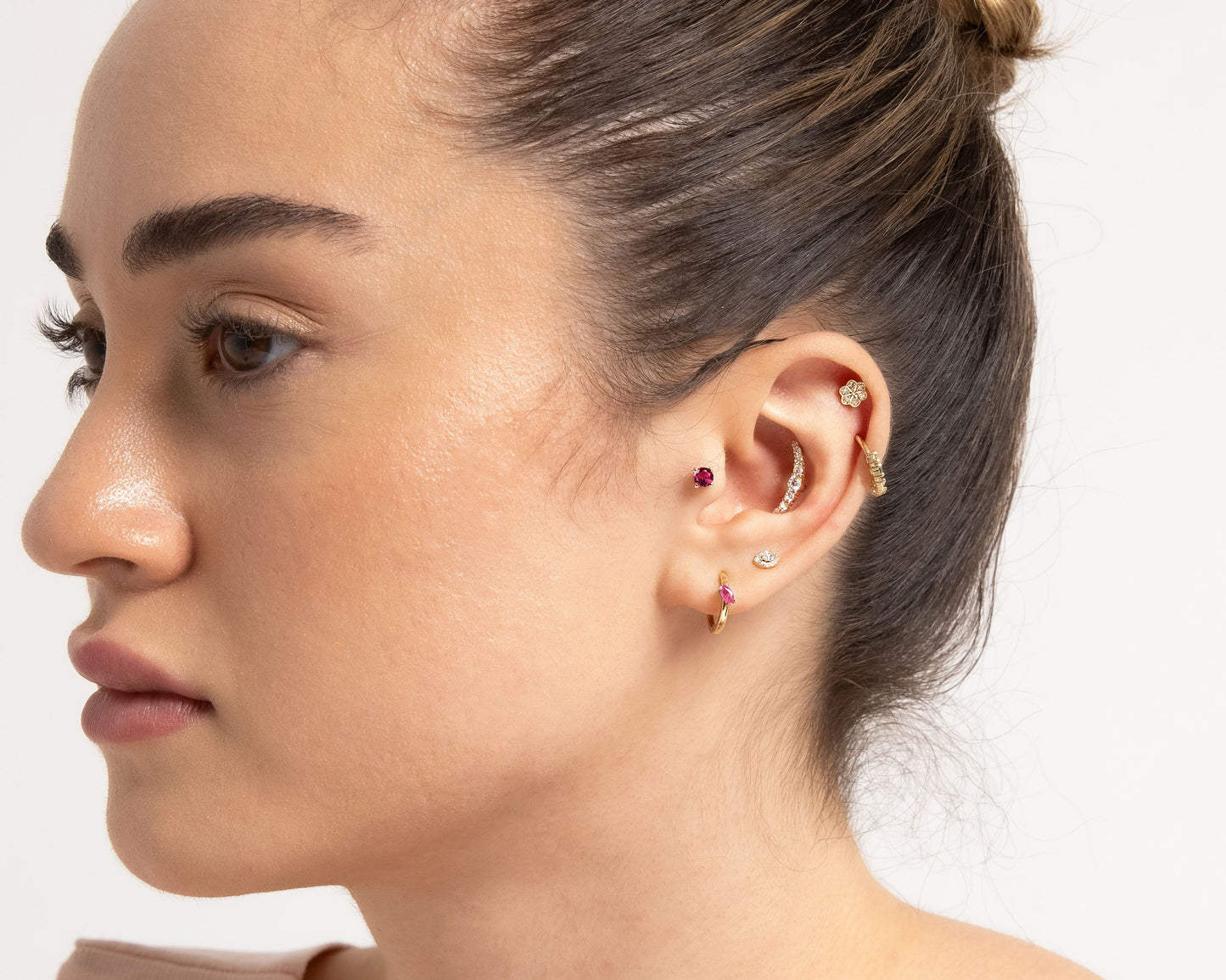 Tek Taş Yakut Piercing, 8 MM , 1.2 MM, 14K Sarı-Beyaz-Kırmızı Altın | LP00018R