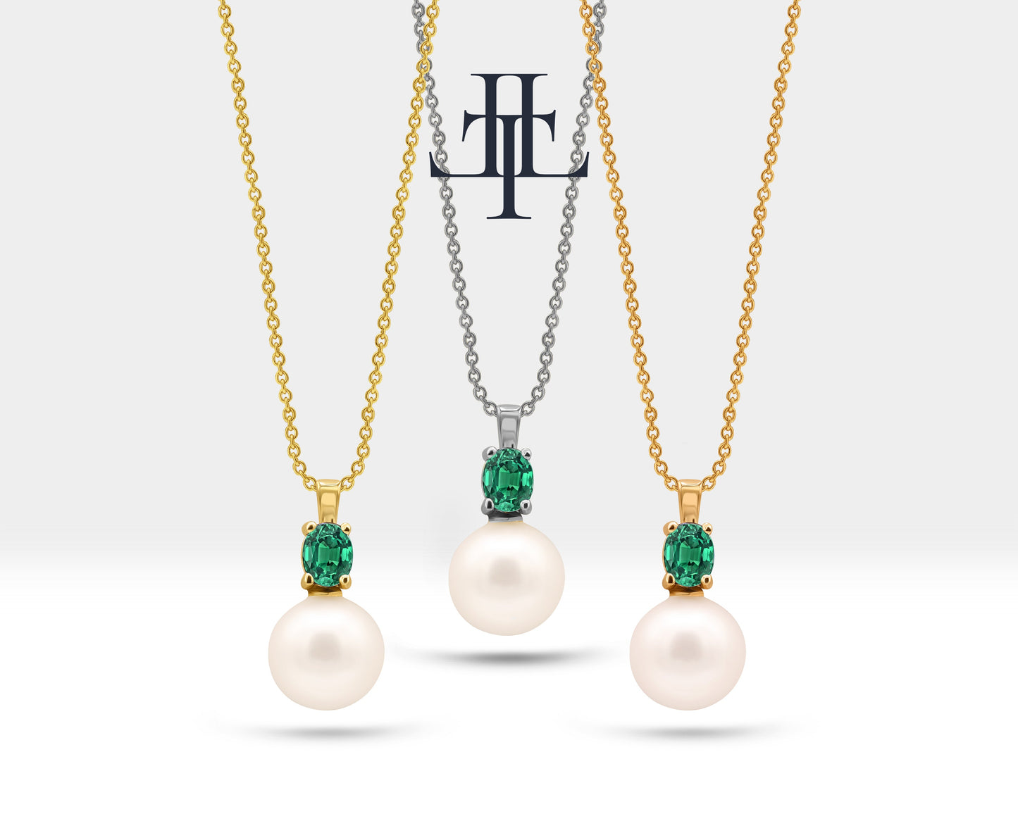 Oval Zümrüt İnci Kolye, 14K Sarı-Beyaz-Kırmızı Altın | LN00006PE