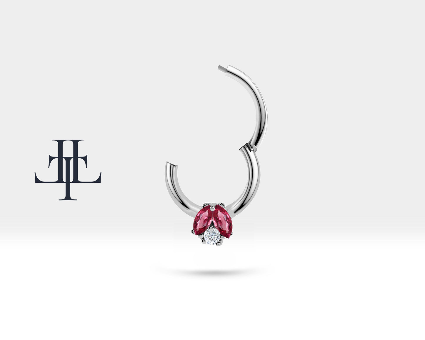 İkili Markiz Yakut ve Pırlantalı Halka Piercing, 10 MM , 1.2 MM, 14K Sarı-Beyaz-Kırmızı Altın | LC00025RD