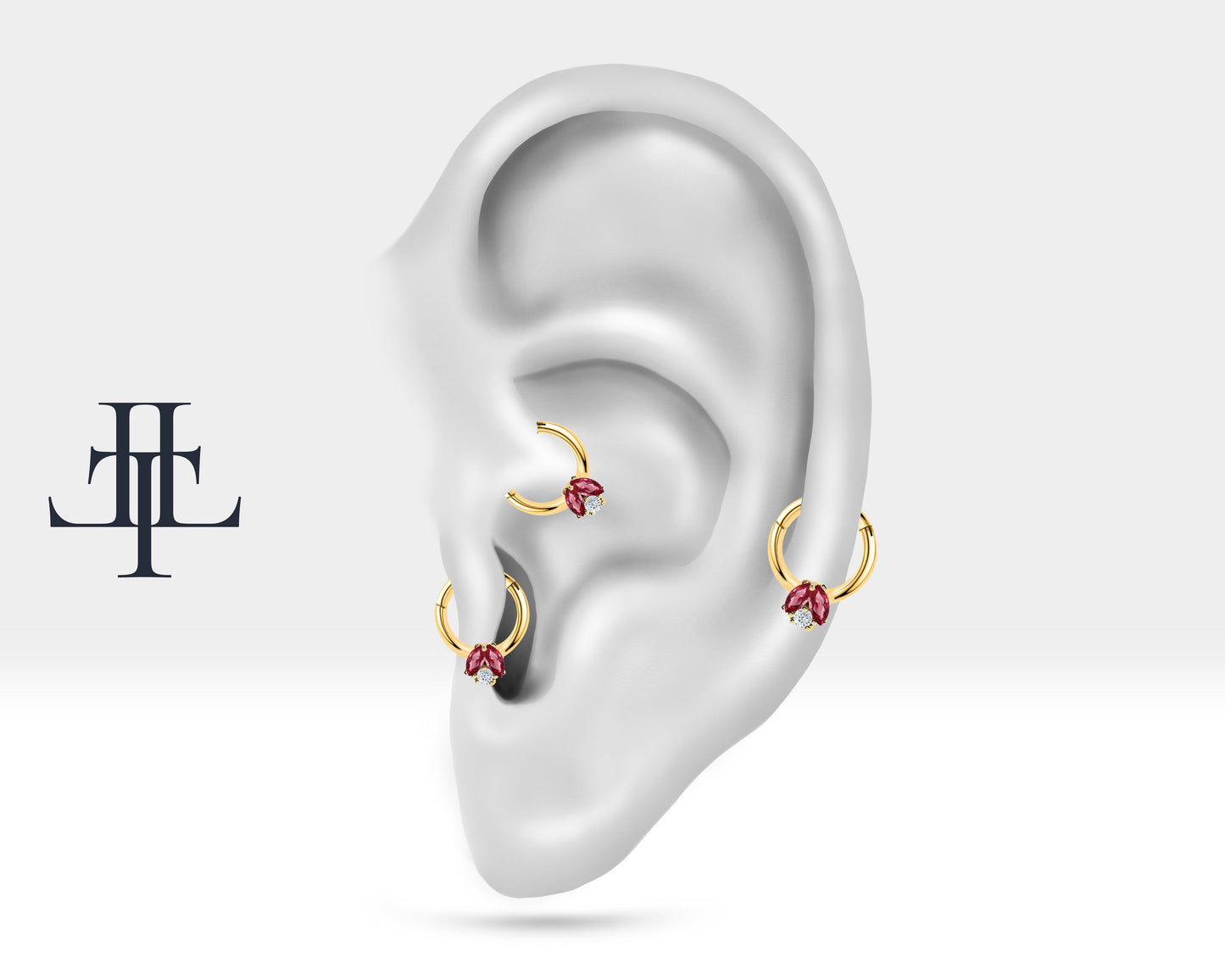 İkili Markiz Yakut ve Pırlantalı Halka Piercing, 10 MM , 1.2 MM, 14K Sarı-Beyaz-Kırmızı Altın | LC00025RD