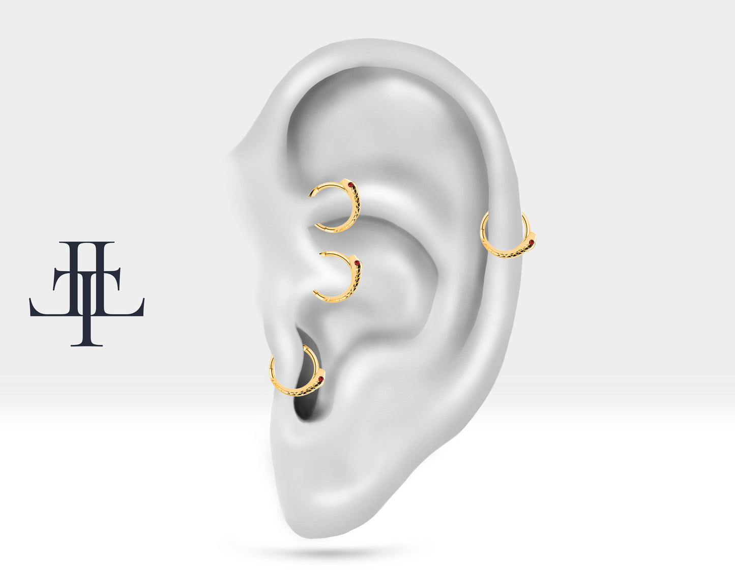 Yılanlı Yakutlu Halka Piercing, 12 MM , 1.2 MM, 14K Sarı-Beyaz-Kırmızı Altın | LC00014R