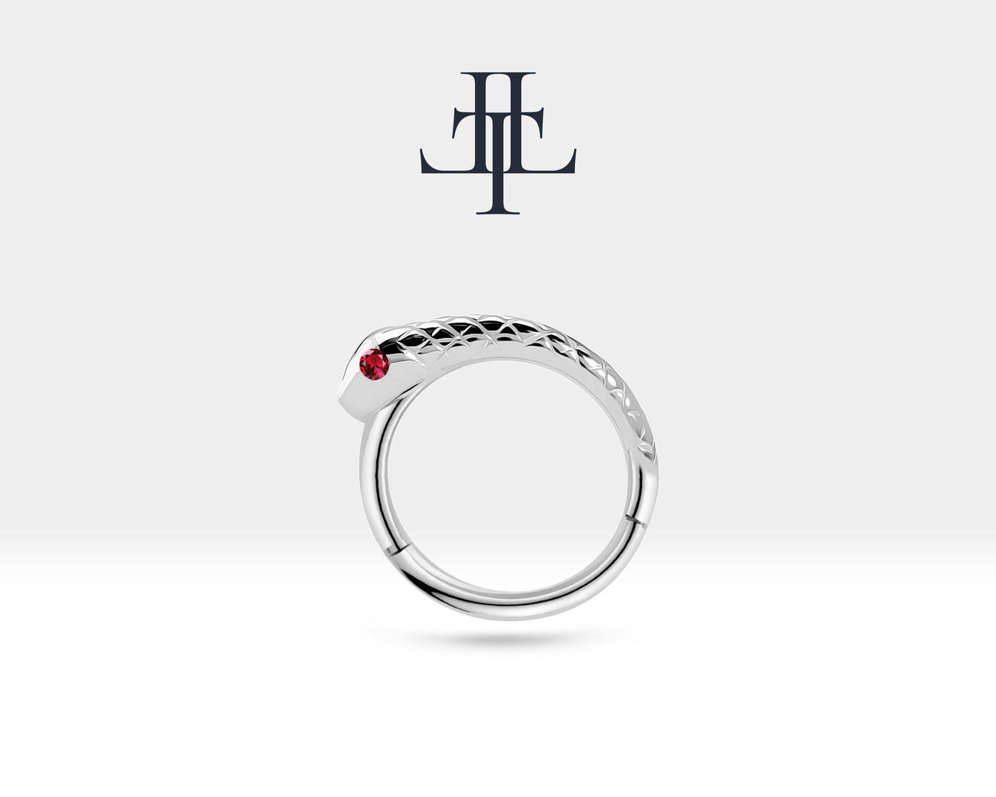Yılanlı Yakutlu Halka Piercing, 12 MM , 1.2 MM, 14K Sarı-Beyaz-Kırmızı Altın | LC00014R