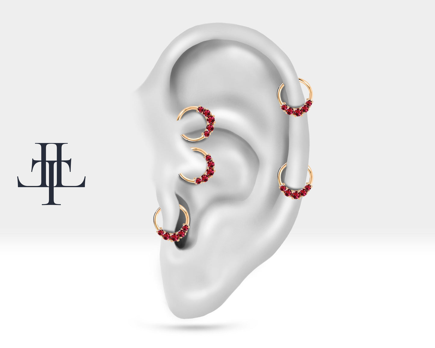 Beş Taşlı Yakutlu Halka Piercing, 12 MM , 1.2 MM, 14K Sarı-Beyaz-Kırmızı Altın | LC00020R