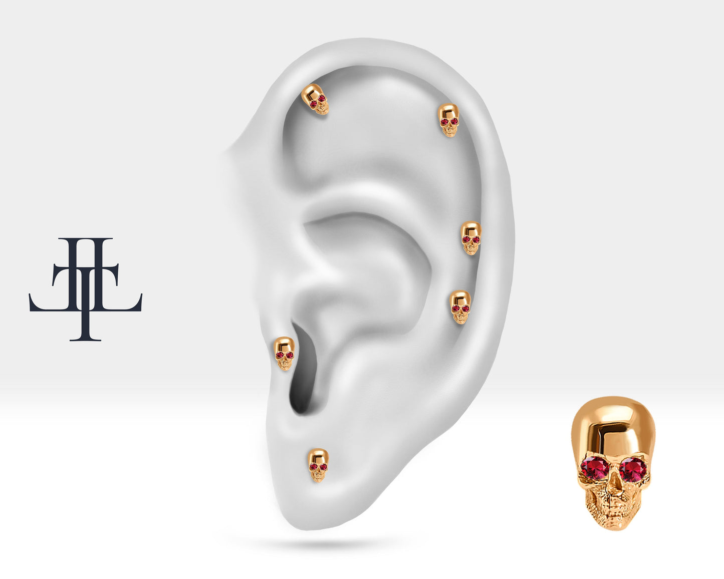 Yakutlu Kuru Kafa Piercing, 8 MM , 1.2 MM, 14K Sarı-Beyaz-Kırmızı Altın | LP00011R