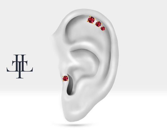 Tek Taş Yakut Piercing, 8 MM , 1.2 MM, 14K Sarı-Beyaz-Kırmızı Altın | LP00018R