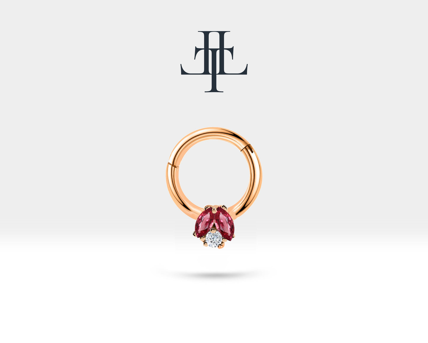 İkili Markiz Yakut ve Pırlantalı Halka Piercing, 10 MM , 1.2 MM, 14K Sarı-Beyaz-Kırmızı Altın | LC00025RD