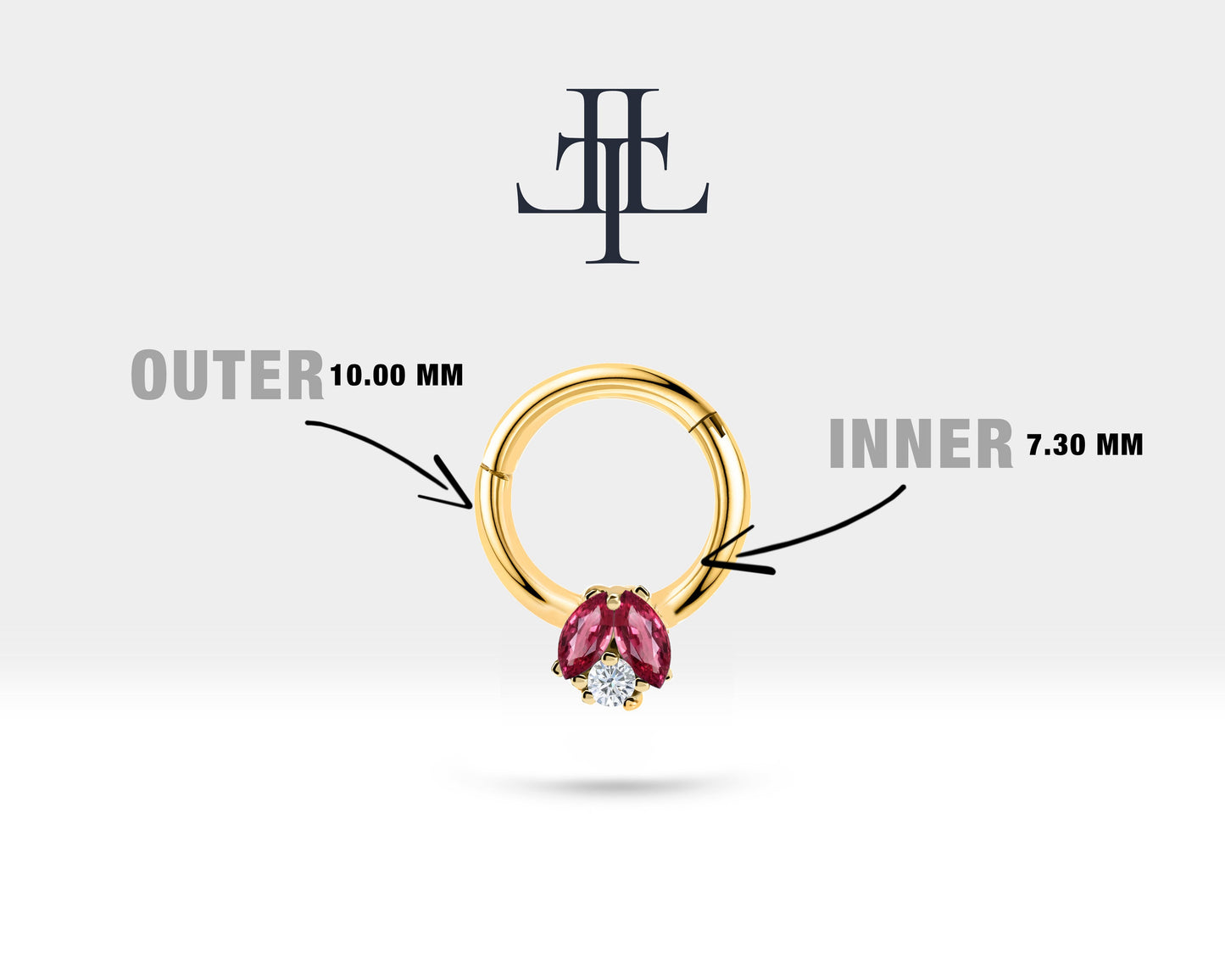 İkili Markiz Yakut ve Pırlantalı Halka Piercing, 10 MM , 1.2 MM, 14K Sarı-Beyaz-Kırmızı Altın | LC00025RD