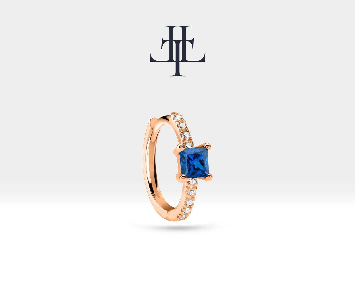 Prenses Safir ve Pırlantalı Küpe, 12 MM , 14K Sarı-Beyaz-Kırmızı Altın | LE00010DS