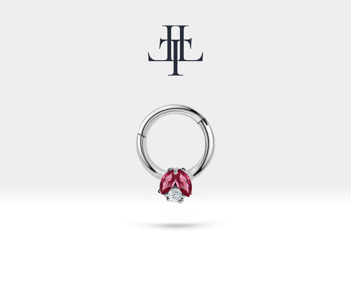 İkili Markiz Yakut ve Pırlantalı Halka Piercing, 10 MM , 1.2 MM, 14K Sarı-Beyaz-Kırmızı Altın | LC00025RD