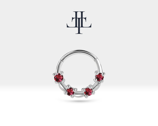 Bezeme Yakutlu Halka Piercing, 13 MM , 1.2 MM, 14K Sarı-Beyaz-Kırmızı Altın | LC00009R