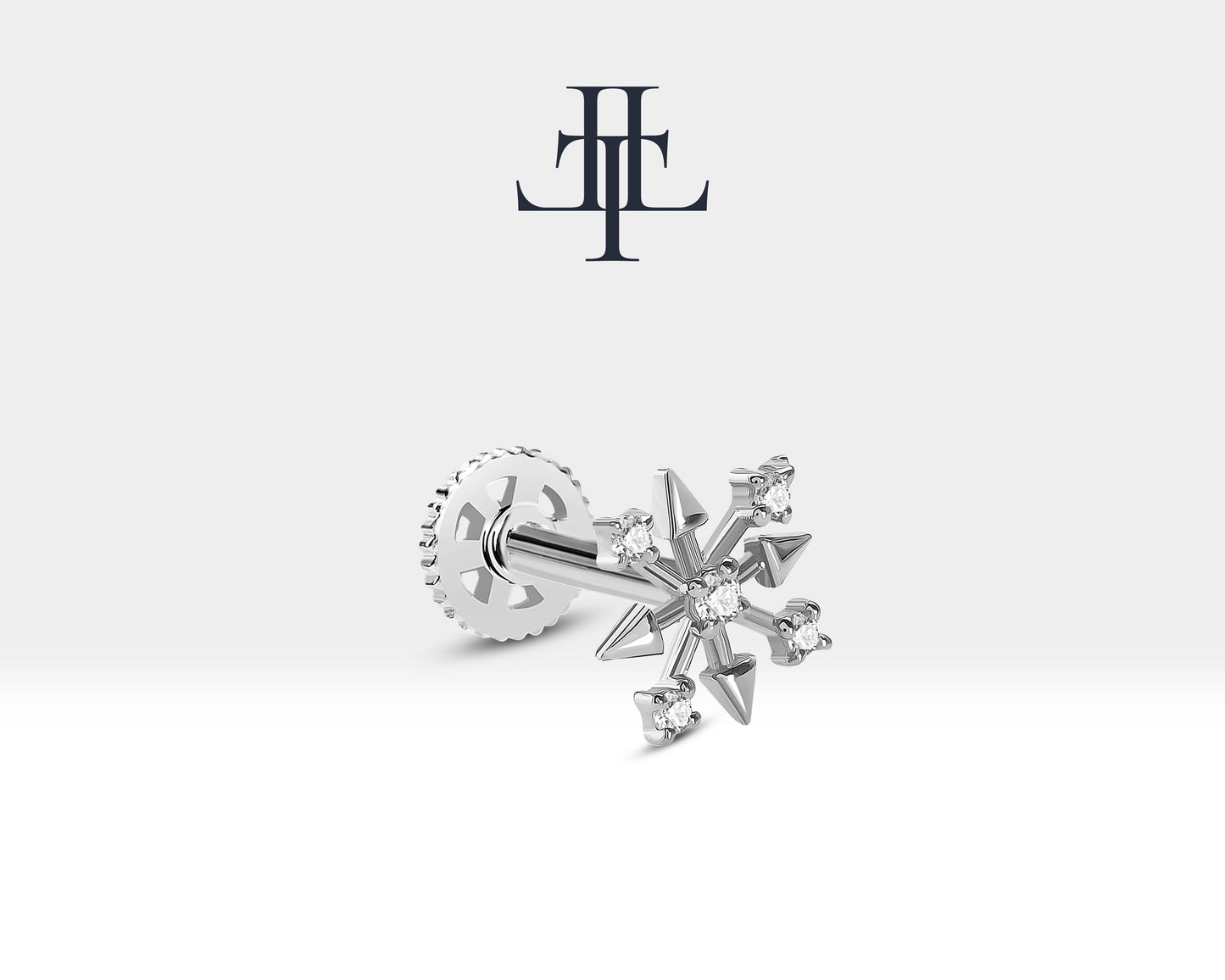 Pırlantalı Kar Tanesi Piercing, 8 MM , 1.2 MM, 14K Sarı-Beyaz-Kırmızı Altın | LP00007D