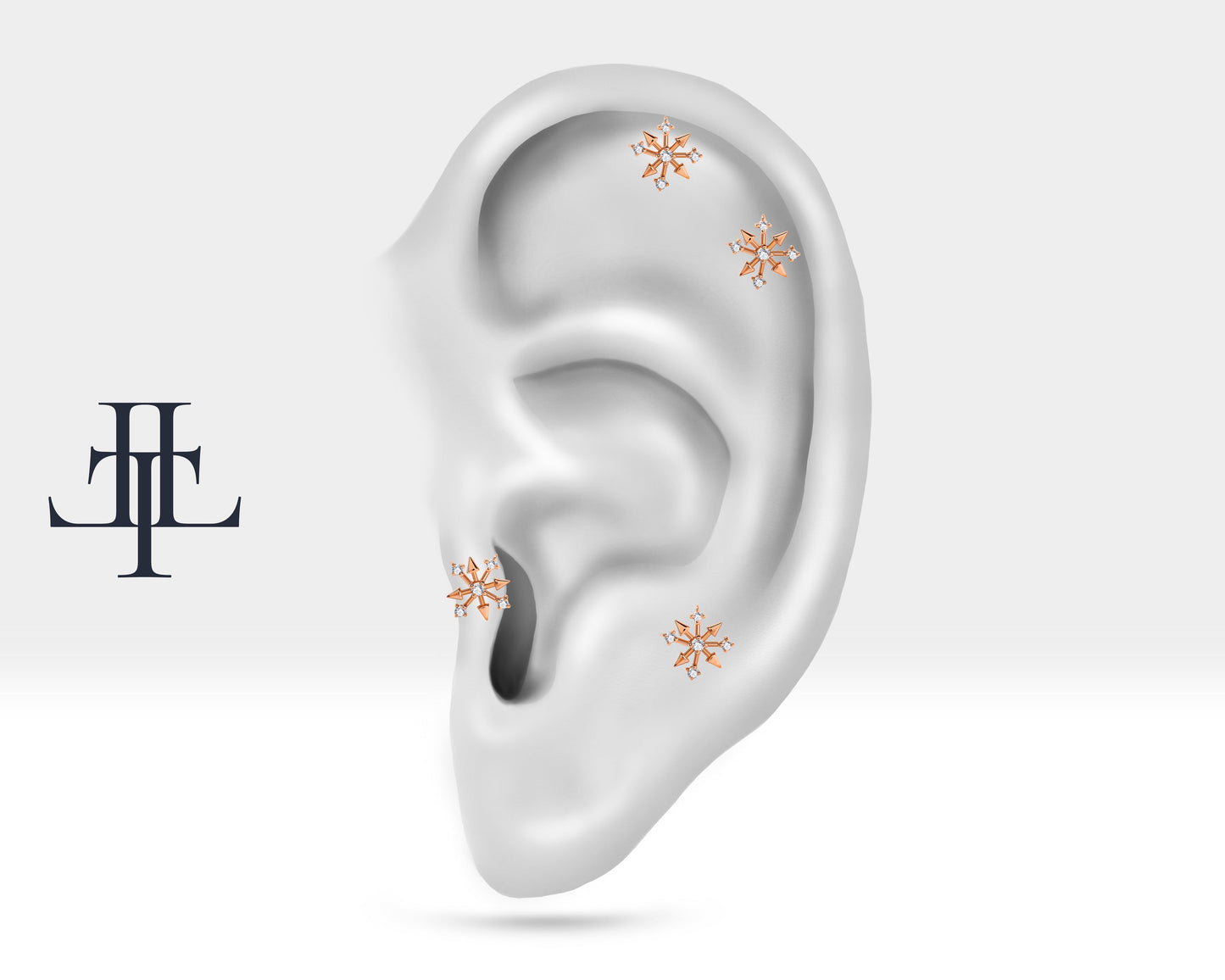 Pırlantalı Kar Tanesi Piercing, 8 MM , 1.2 MM, 14K Sarı-Beyaz-Kırmızı Altın | LP00007D