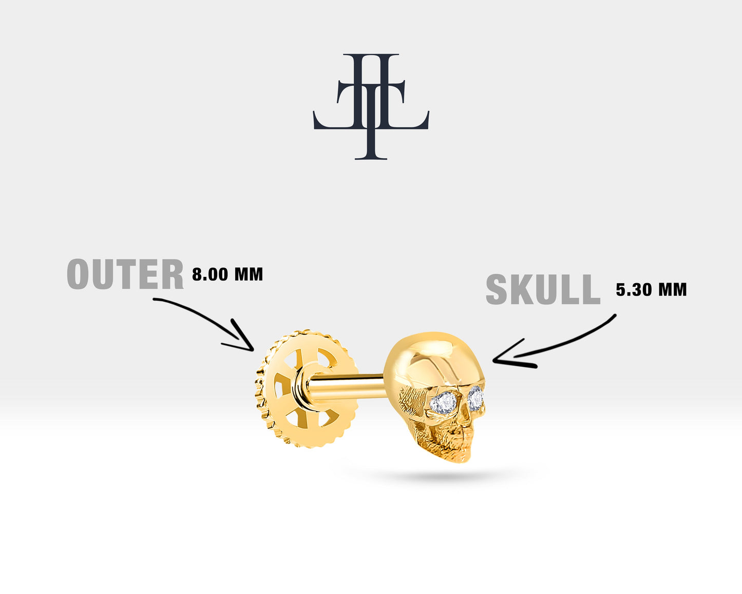 Pırlantalı Kuru Kafa Piercing, 8 MM , 1.2 MM, 14K Sarı-Beyaz-Kırmızı Altın | LP00011D