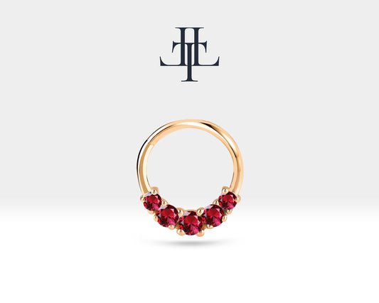 Beş Taşlı Yakutlu Halka Piercing, 12 MM , 1.2 MM, 14K Sarı-Beyaz-Kırmızı Altın | LC00020R